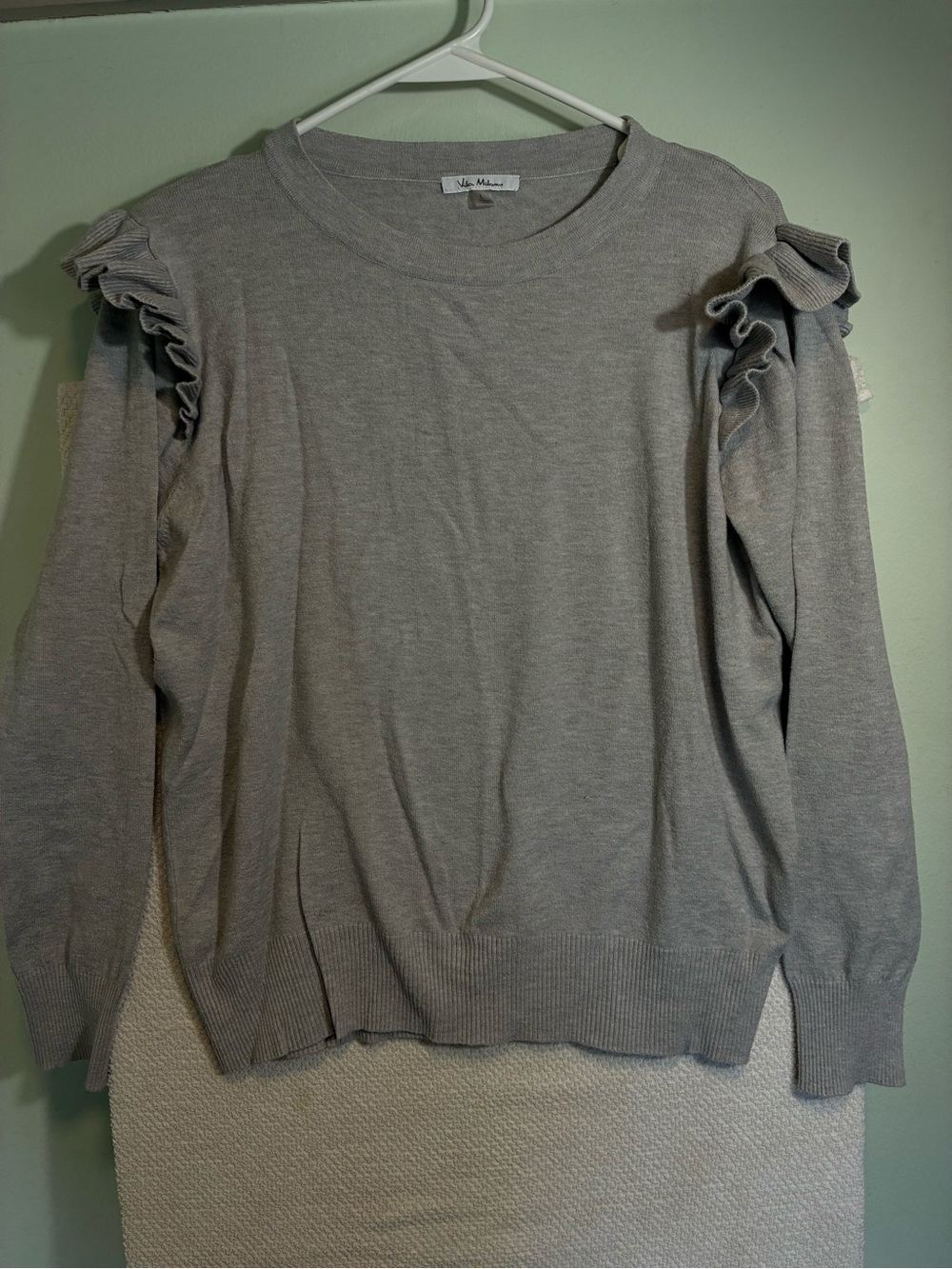 Ruffle Shoulder Crewneck Sweater in Light Gray - Vida Mia
